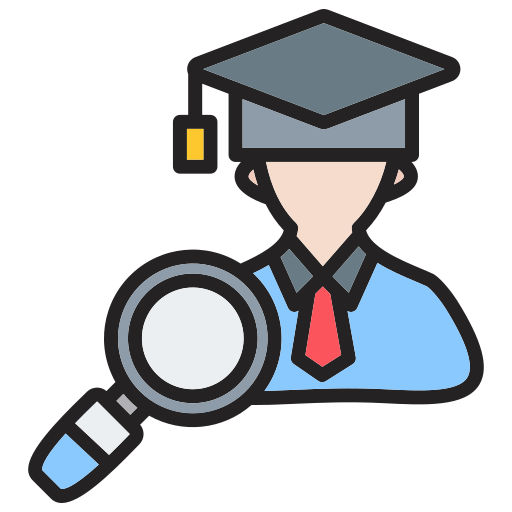 Cartoon of student with a degree cap next to a magnifying glass